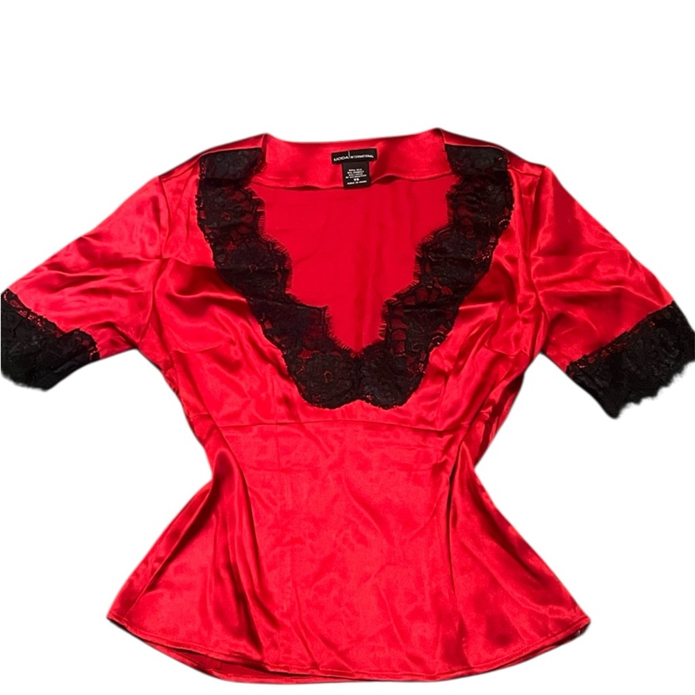 Moda International Scarlet Blouse with Ebony Lace